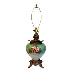 Antique Victorian Hand Painted Celadon Glass Success Oil Lamp - Converted to Electric
