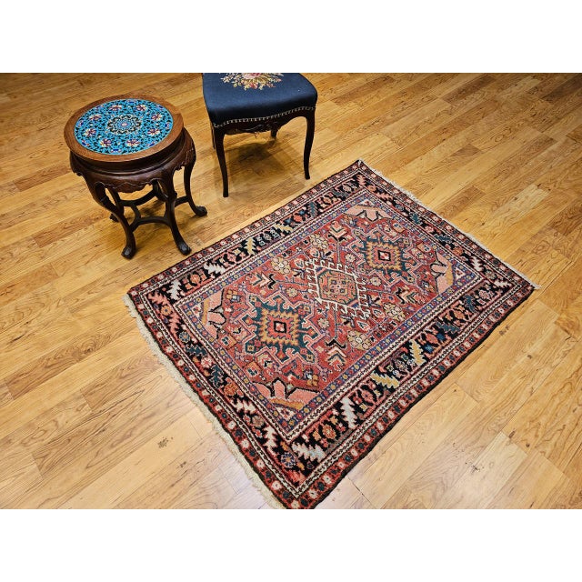 Vintage Persian Heriz Karajah Rug, Hand-Knotted Wool, Geometric Pattern, Rust-Red & Navy, 4x5 For Sale - Image 9 of 18
