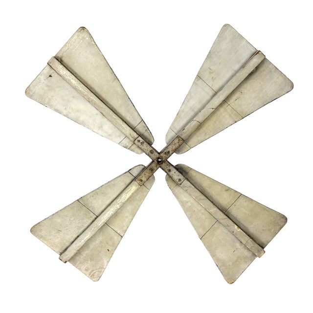 Vintage 1950s Primitive Wooden Windmill Fan Blade Distressed Painted White & Blue Striped Wood For Sale - Image 9 of 10