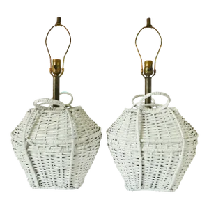 Pair Vintage Mid Century Modern C1970s White Wicker & Brass Basket Table Lamps