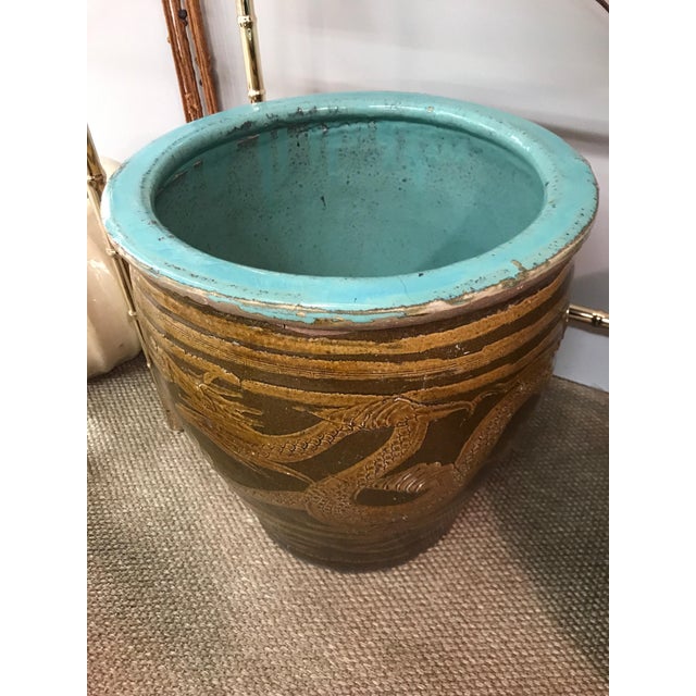 Large Chinese Clay Dragon Egg Pot Planter With Turquoise Inside Chairish