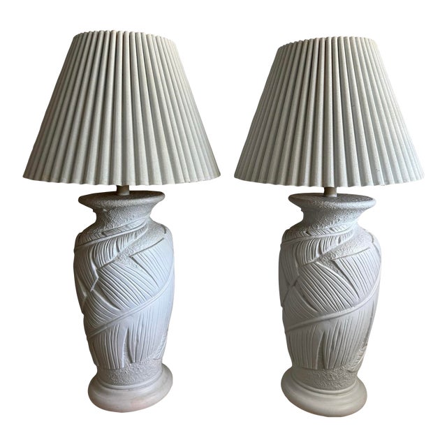 Vintage Pale Blue Plaster Palm Lamps With Scalloped Shades - a Pair For Sale