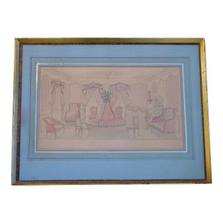 Rendering of French Salon Interior Watercolor Illustration For Sale