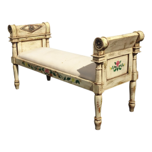 Vintage French Country Creme White Bench ~ Hand Painted Antique Finish Floral