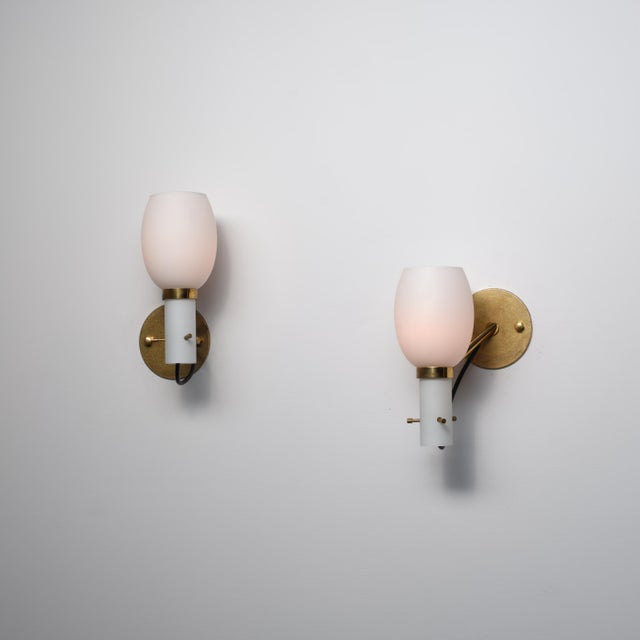 Italian Brass Wall Sconces with Opaline Glass Shades, 1950s, Set of 2 For Sale - Image 9 of 11