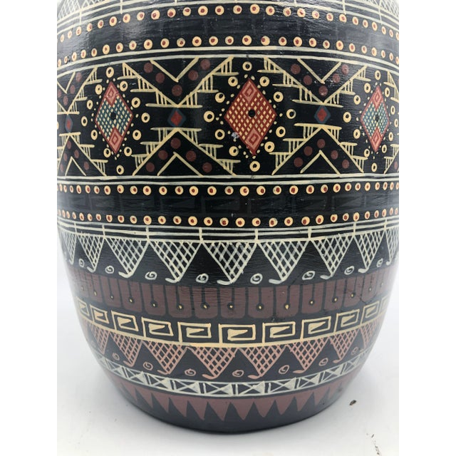 Post Modern 80s Clay Ceramic Vase Large Black Hand Drawn Geometric