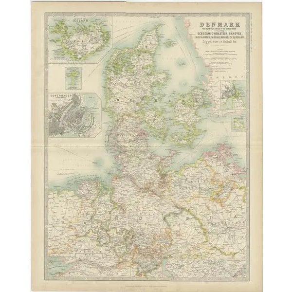 Antique map titled 'Denmark'. Original antique map of Denmark. with inset maps of Iceland, Faroe Island, and Copenhagen....