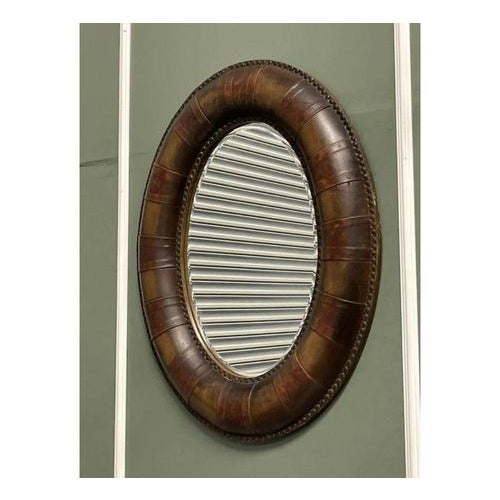 Oval Studded Brown Leather Cushion Wall Mirror For Sale - Image 3 of 9