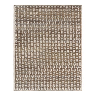 Rug & Kilim’s Modern Block Print Rug in Brown with White Floral Patterns - 10x14 For Sale