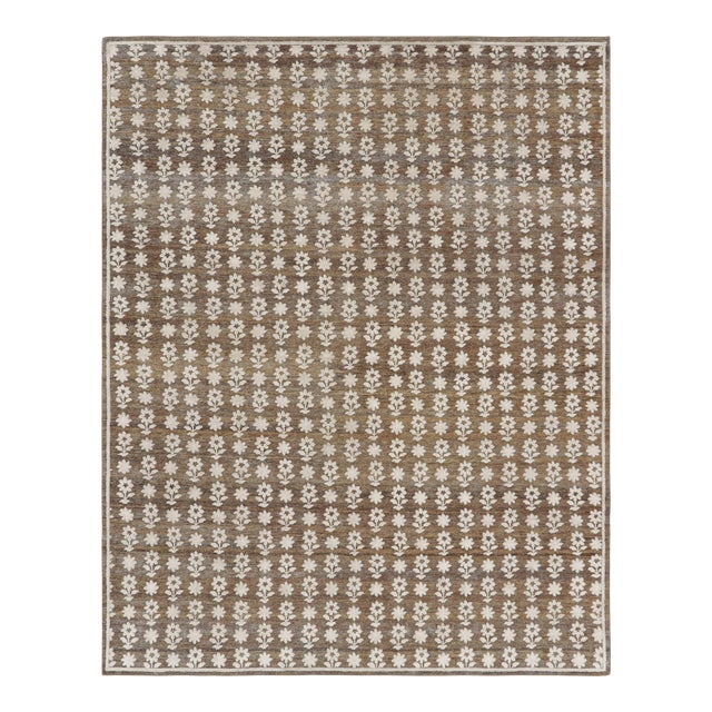 Rug & Kilim’s Modern Block Print Rug in Brown with White Floral Patterns - 10x14 For Sale