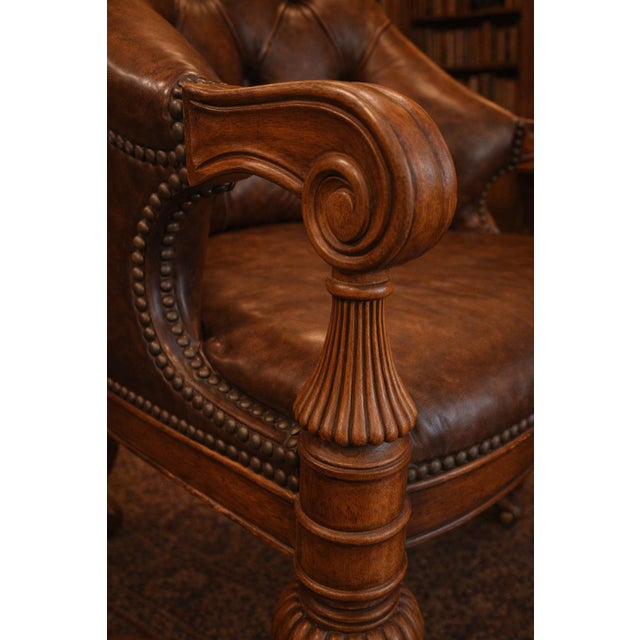 Set of 4 Late 20th Century English Regency Revival Tufted Leather Library Club Chairs With Carved Wood Arms For Sale In Los Angeles - Image 6 of 10