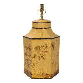 Vintage English Export Chinoiserie Style Yellow Hexagonal Tea Caddy Lamp For Sale