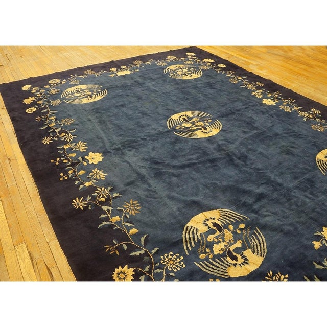 1920s 1920s Antique Blue Navy Traditional Floral Birds Chinese Peking Wool Rug For Sale - Image 5 of 10