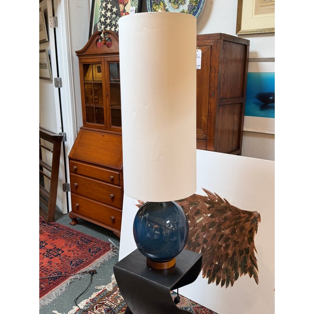 Mid-Century Modern West Elm Ceramic Table Lamp With Elongated Lamp Shade For Sale - Image 3 of 12