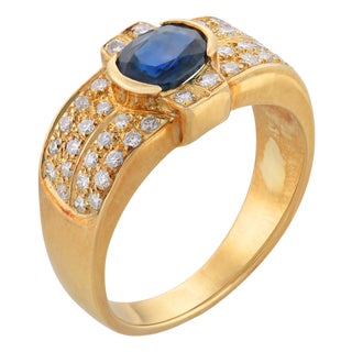 Vintage Sapphire Diamond 18k Yellow Gold Ring, Size 6.25 For Sale