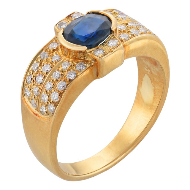 Vintage Sapphire Diamond 18k Yellow Gold Ring, Size 6.25 For Sale