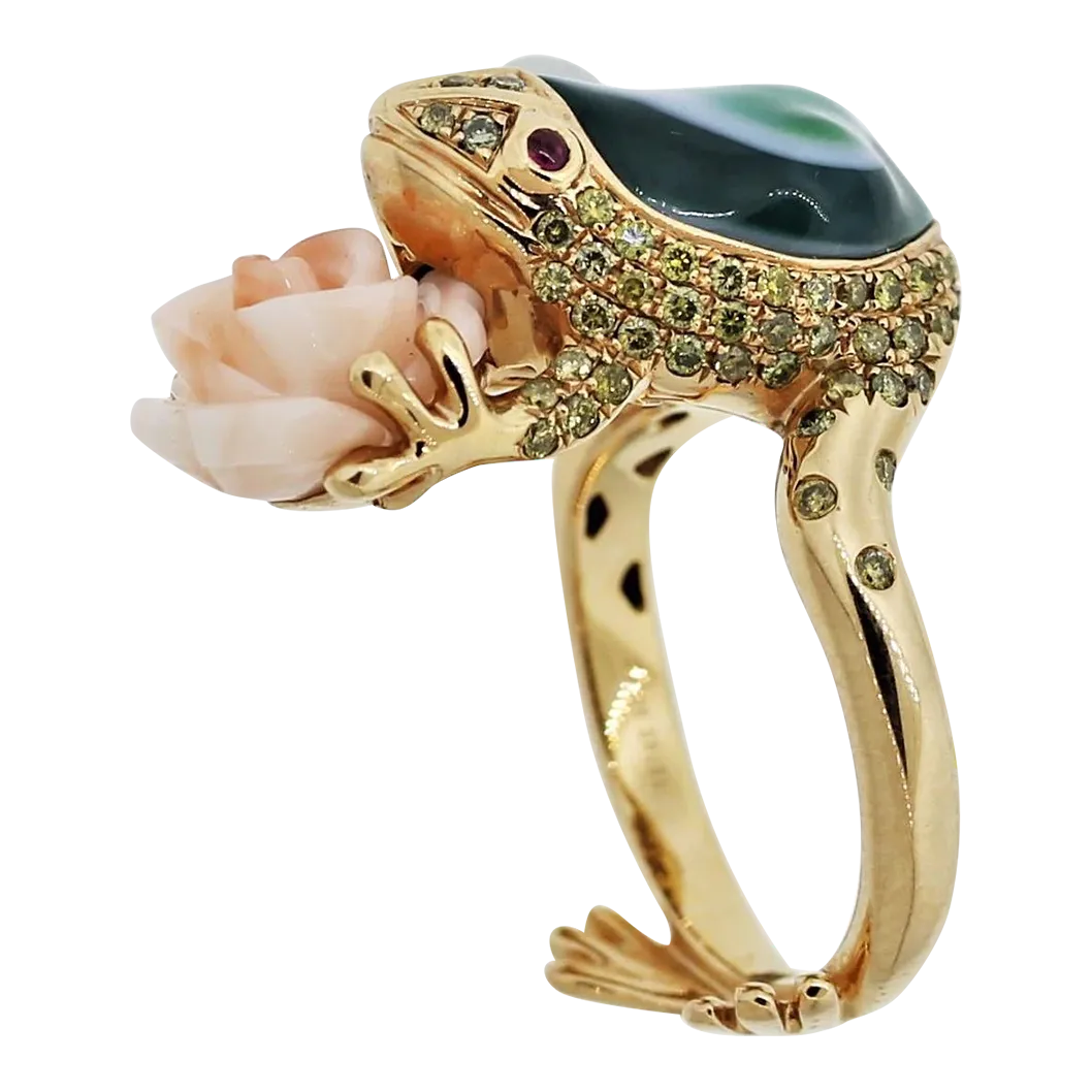 Diamond Agate Coral Flower Gold Frog Ring, Size Chairish
