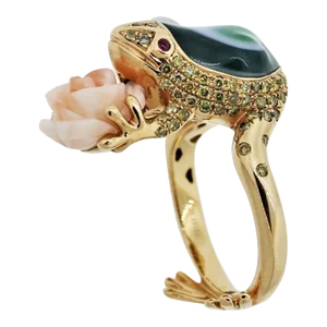 Diamond Agate Coral Flower Gold Frog Ring, Size 6.25