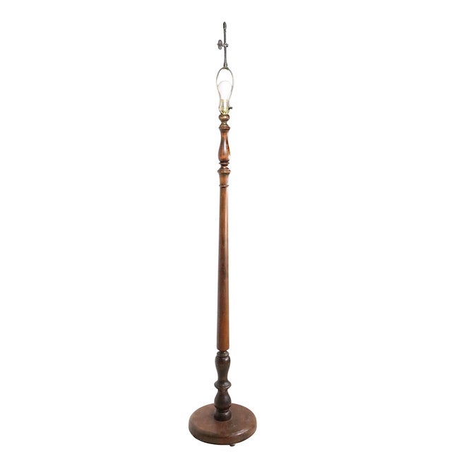 Early 20th Century turned wood floor lamp, in very good, original, clean and working condition. H 76.5" x H to top of wood...