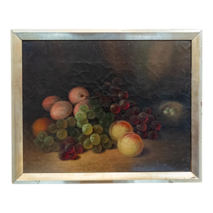 19th Century Rustic Farmhouse Still Life Fruit Painting With Bird's Nest, Signed