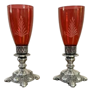 Antique Ruby Glass and Silver Plated Candleholders, 1900, Set of 2