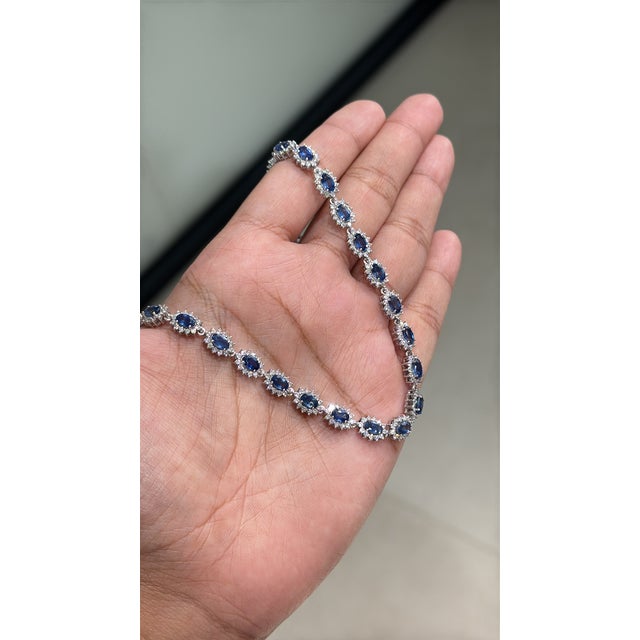 Estate Blue Sapphire Diamond Art Deco Tennis Necklace in 18k White Gold For Sale In New York - Image 6 of 16