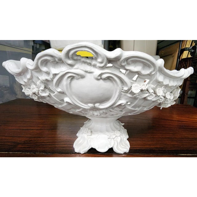 Vintage Italian White Glazed Fine Ceramic Footed Oval Fruit Basket For Sale - Image 4 of 12