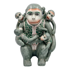 Vintage Chinese Hand Painted Ceramic Monkey With Babies Sculpture Figuring Decor