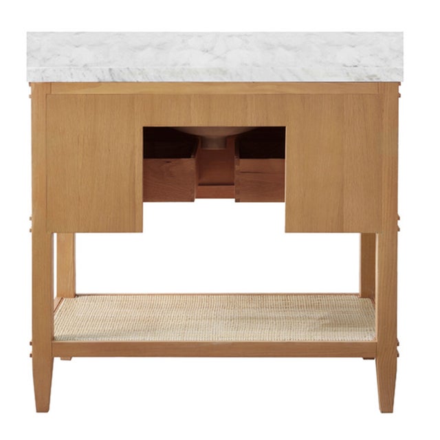 Worlds Away Matthew Izzo Home Cutler Cerused Oak Two Drawer, Single Sink Bath Vanity W/Carrara Marble Top, Open Cane Shelf, and Brass Hardware For Sale - Image 4 of 6