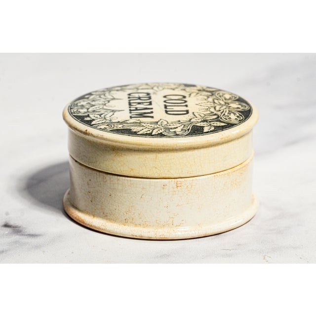 Wonderful Antique Victorian English Cold Cream Pot Lidded Apothecary Jar Black Transferware Vanity Home Decor For Sale - Image 4 of 8
