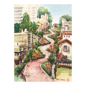 Vintage San Francisco Watercolor Landscape -- Lombard Street in Springtime by Sun Ying