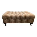 Lee Industries Tufted Leopard Print Upholstered Ottoman With Turned Wooden Legs and Casters For Sale