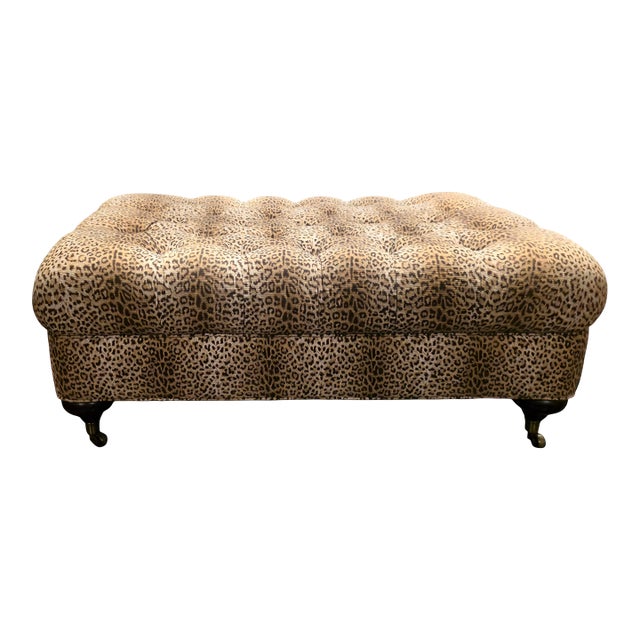 Lee Industries Tufted Leopard Print Upholstered Ottoman With Turned Wooden Legs and Casters For Sale