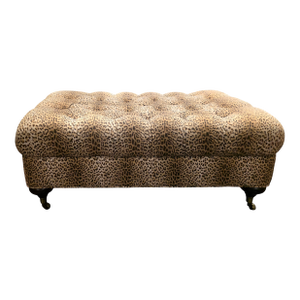 Lee Industries Tufted Leopard Print Upholstered Ottoman With Turned Wooden Legs and Casters