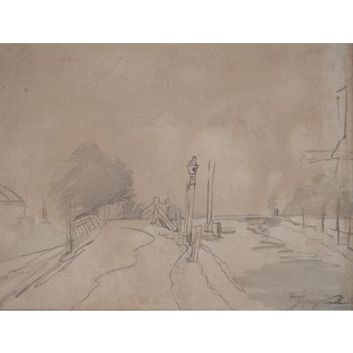 Johan Barthold Jongkind, Towpath Along a Canal and Mill, Original Watercolor For Sale - Image 6 of 14