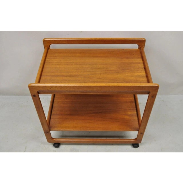 Mid-Century Modern Vintage Mid Century Danish Modern Teak Wood 2 Tier Rolling Bar Cart Side Table For Sale - Image 3 of 12