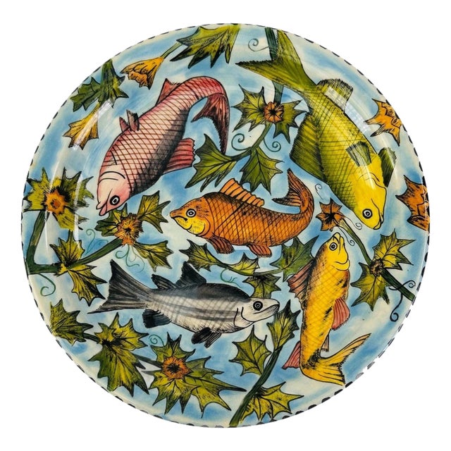 Hand-Painted Ceramic Plate with Fish from Water Berry, Zimbabwe, 1997 For Sale