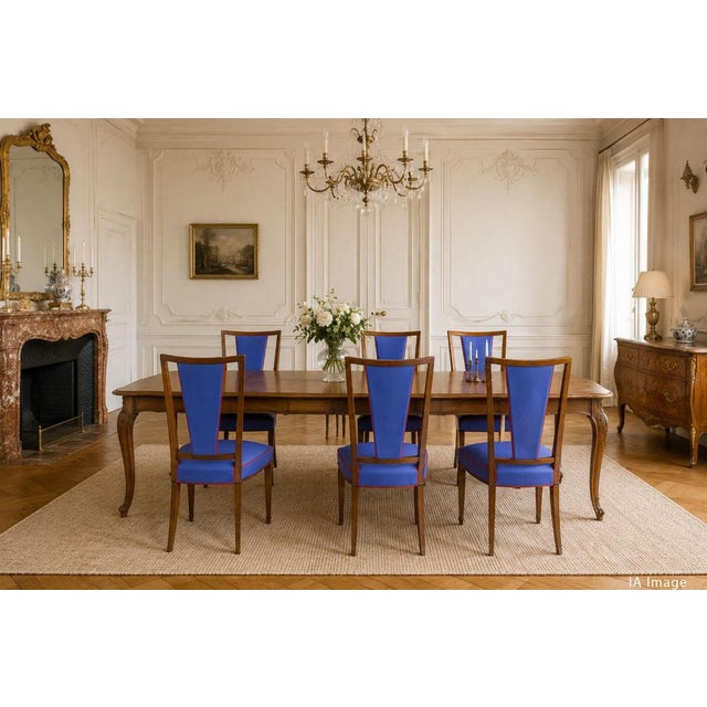 Mid-Century French Blue Red Border Dining Chairs in Teak and Skai, 1960, Set of 6 For Sale - Image 13 of 14