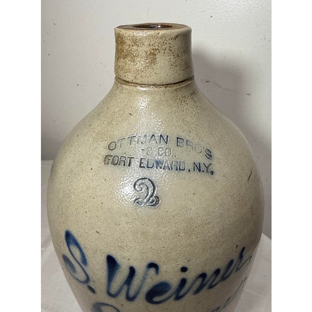 Antique 1800s Antique Ottman Bros. Ny Stoneware Salt Glazed Cobalt Pottery 2 Jug For Sale - Image 9 of 11