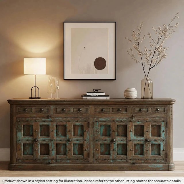 Brown Farmhouse Style Rustic Antique Door Upcycled 93" Long Solid Wood Sideboard For Sale - Image 8 of 8