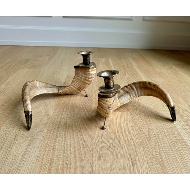 Vintage Organic Modern Ram’s Horn Candlesticks With Silvered Brass Mounts – Pair For Sale - Image 9 of 12