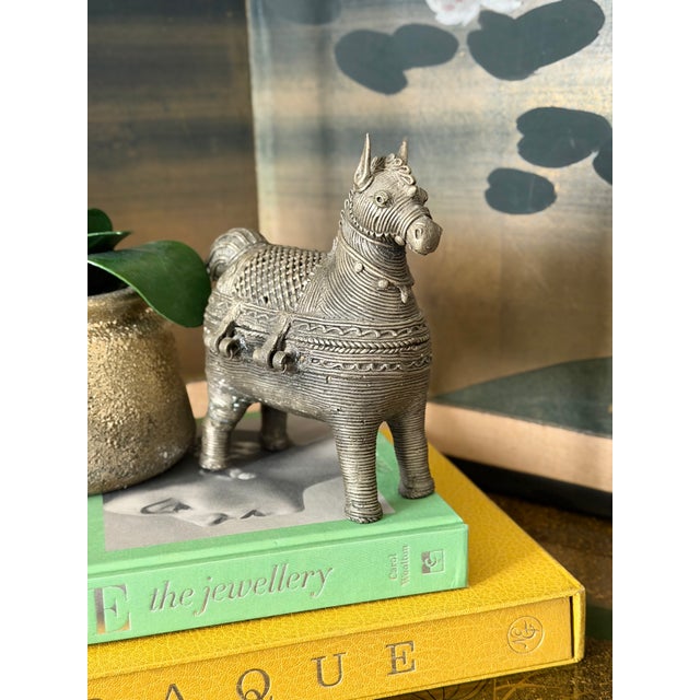 Silver Antique Indian Primitive Bronze Metal Dhokra Trojan Horse Hinged Trinket Container Box For Sale - Image 8 of 12