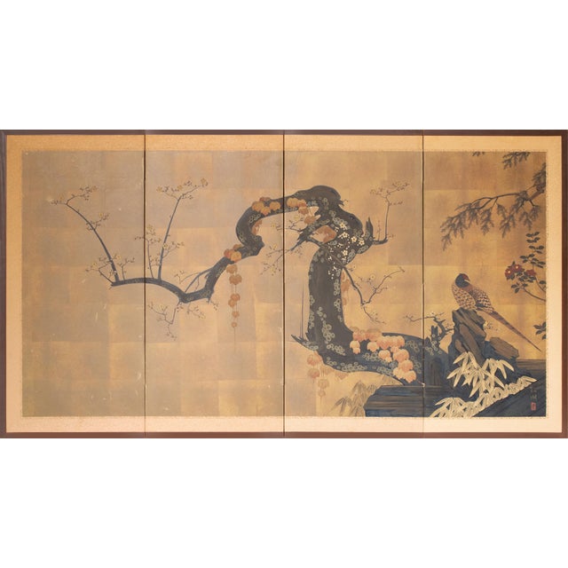 "Pheasant and Sakura", Pre-1964 Showa Era Japanese Painted Byobu Screen For Sale - Image 18 of 18