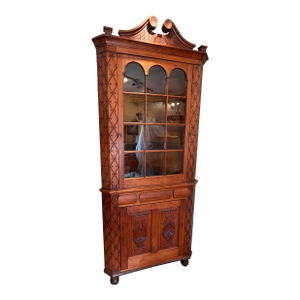 Antique Pine Corner Cabinet W/12 Pane Glass Top/Single Door Ball & Claw