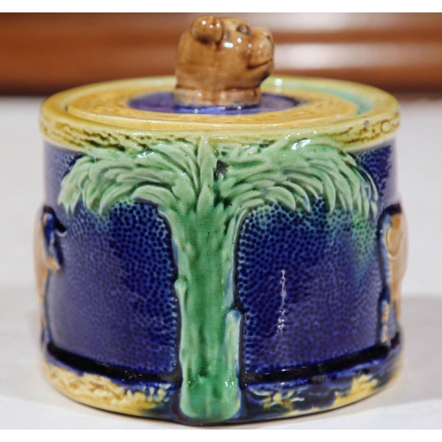 French 19th Century French Barbotine Majolica Covered Sugar Bowl With Cow Motifs For Sale - Image 3 of 9