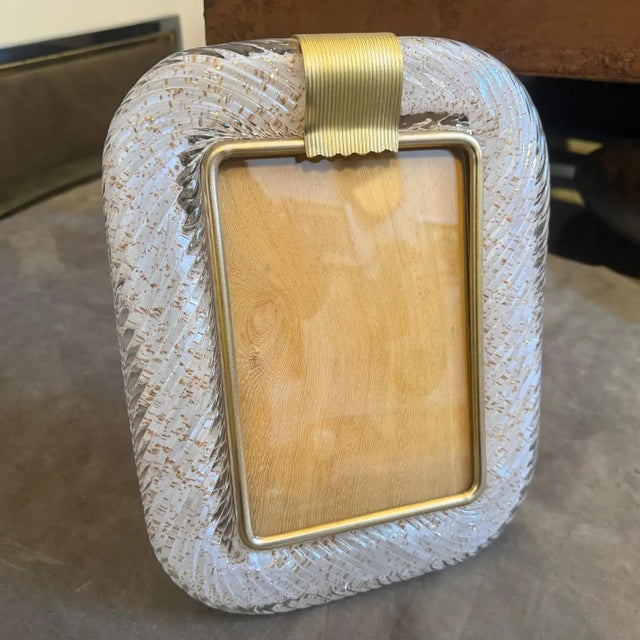 1990s Barovier Style Art Deco White and Gold Murano Glass Picture Frame For Sale - Image 6 of 12