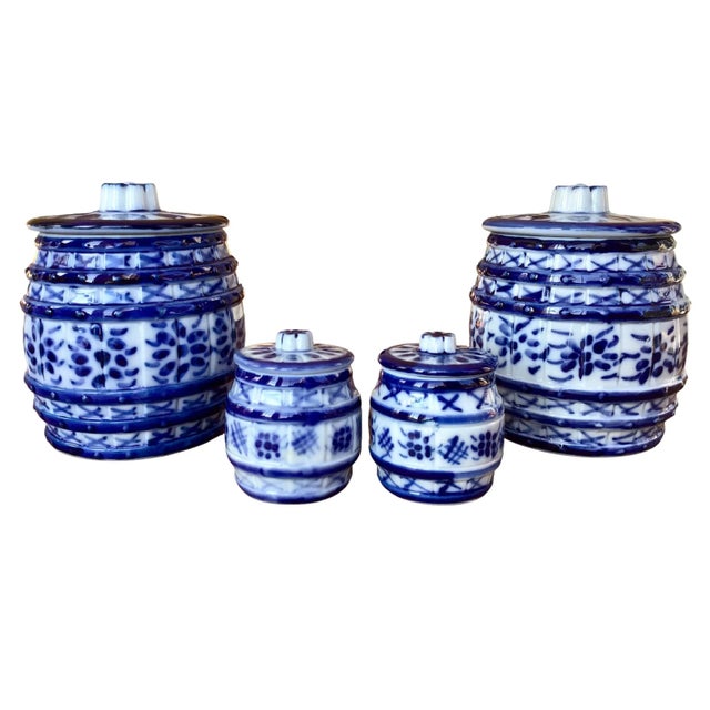 Blue Set of Four Vintage 1980s Porcelain Lidded Canisters Hand-Made and Painted in Brazil For Sale - Image 8 of 12
