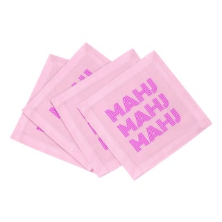 Mahj Mahj Mahj Pink Mahjong Cotton Sateen Cocktail Napkins, Set of 4 For Sale