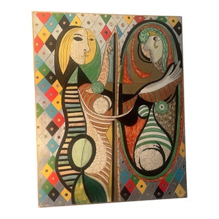 Large Mid Century Modern Studio Abstract Acrylic Mixed-Media Painting Picasso Inspired Original Decorative Artwork Handcrafted Girl Before a Mirror For Sale