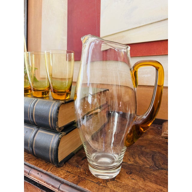 Mid-Century Modern Vintage Amber Glass Pitcher and Six Glasses Set Hand Blown Poland Mid Century Barware For Sale - Image 3 of 12
